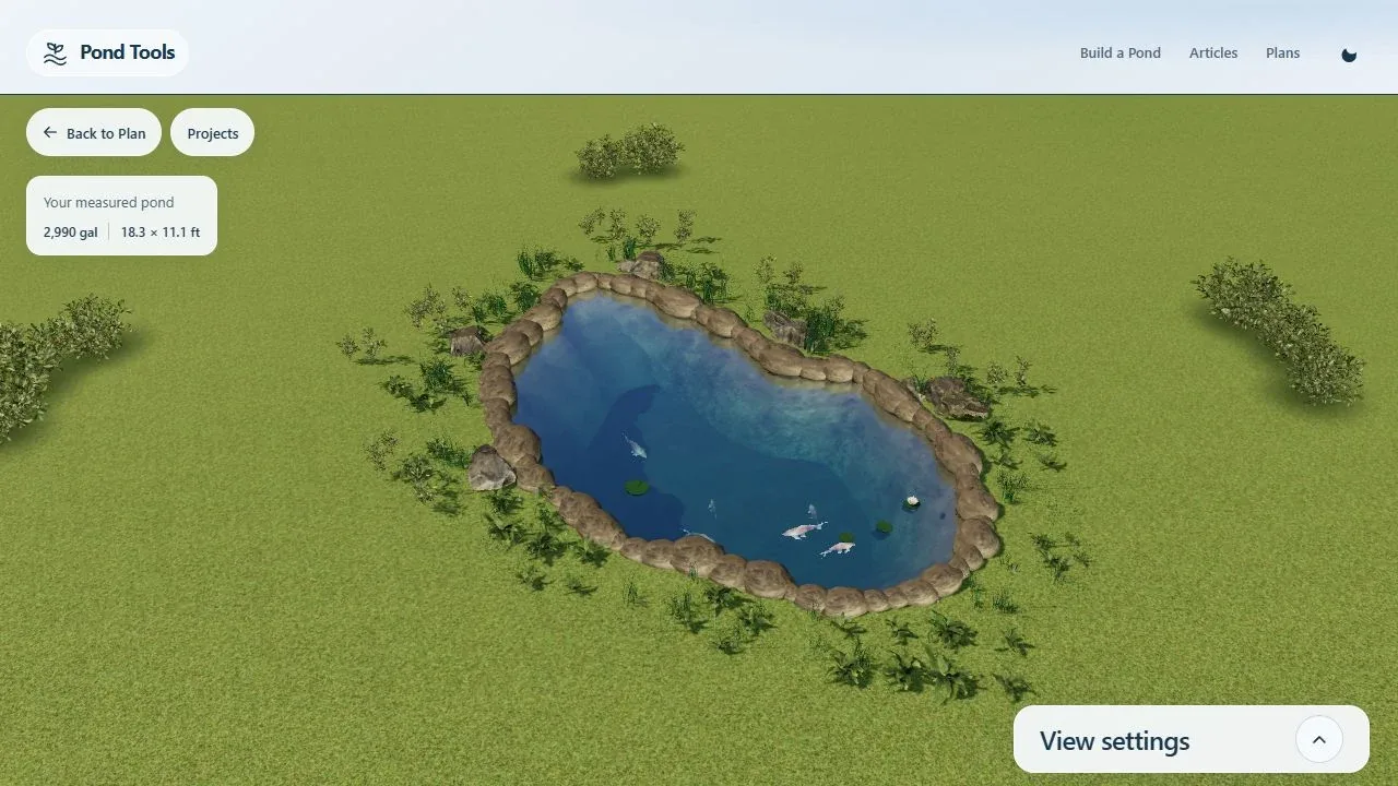 A measured pond shown in PondTools Studio in 3D