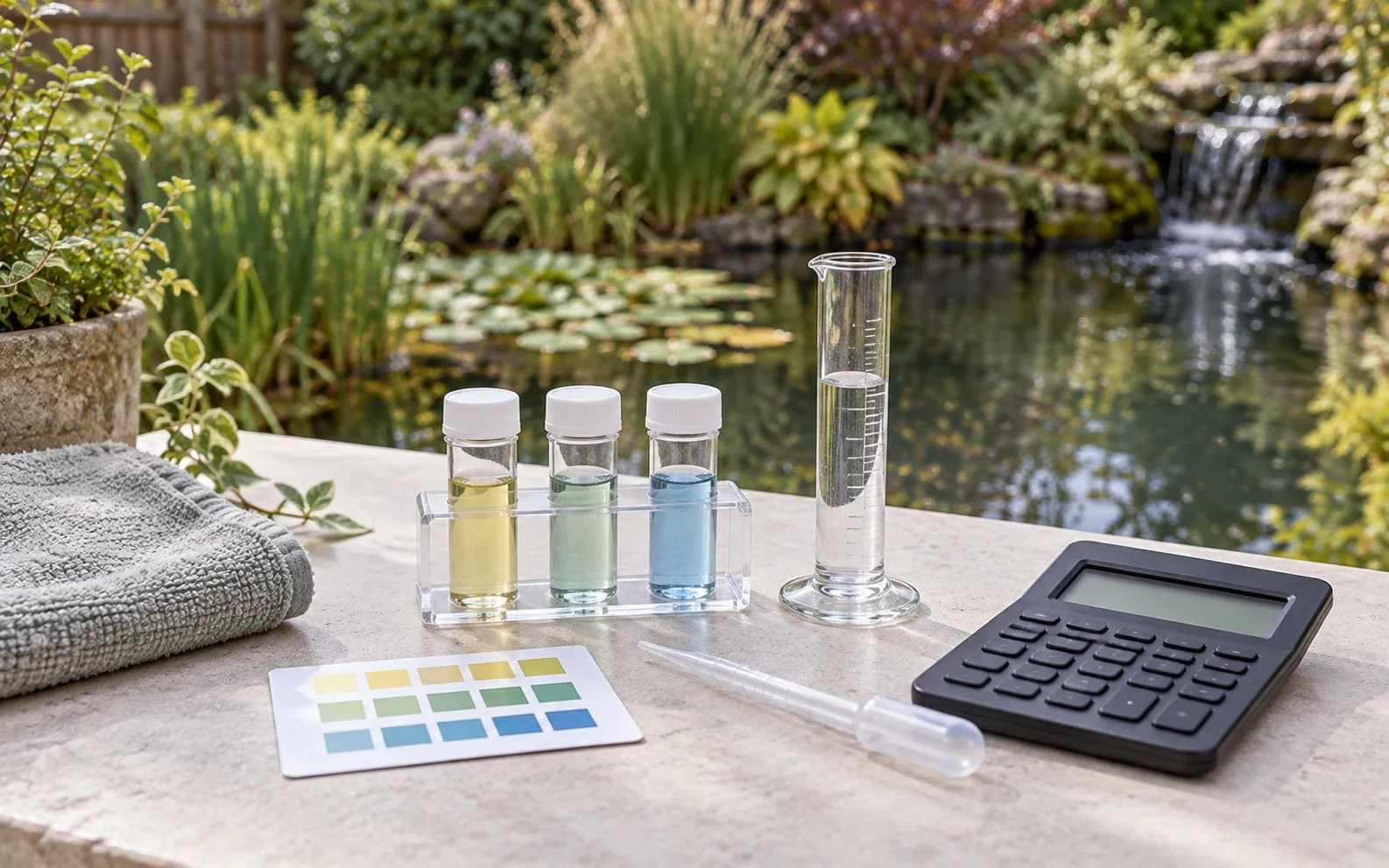 Water test vials and a calculator on a table beside a pond